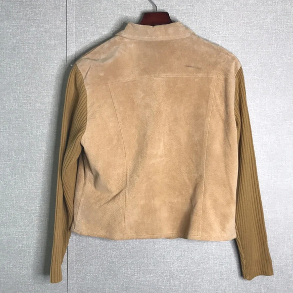 Vintage A.M.I. Alexandre Mattiussi Women’s Tan Leather Suede Jacket Knit Sleeves - Picture 2 of 6